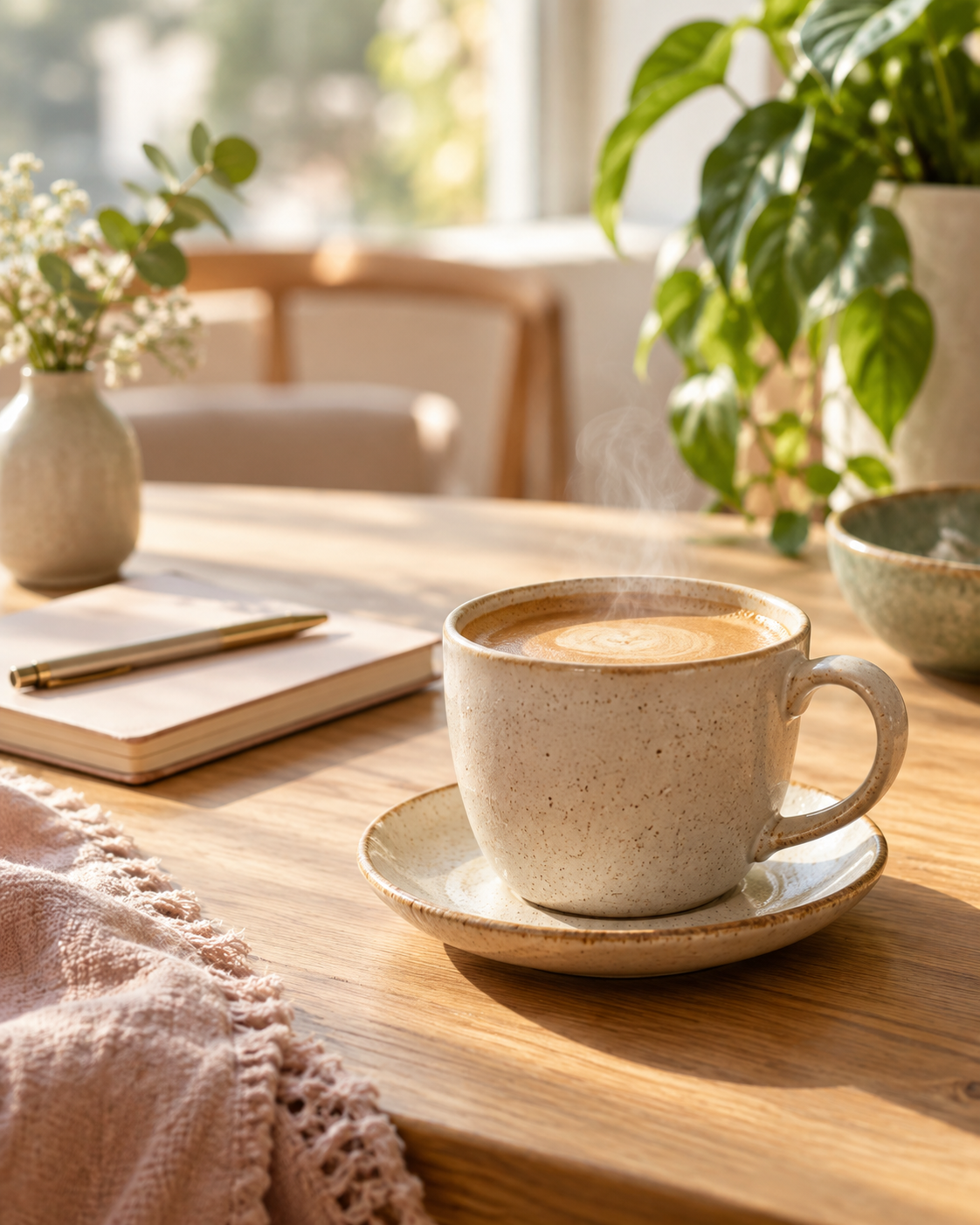 A warm cup of coffee beside a notebook in morning light